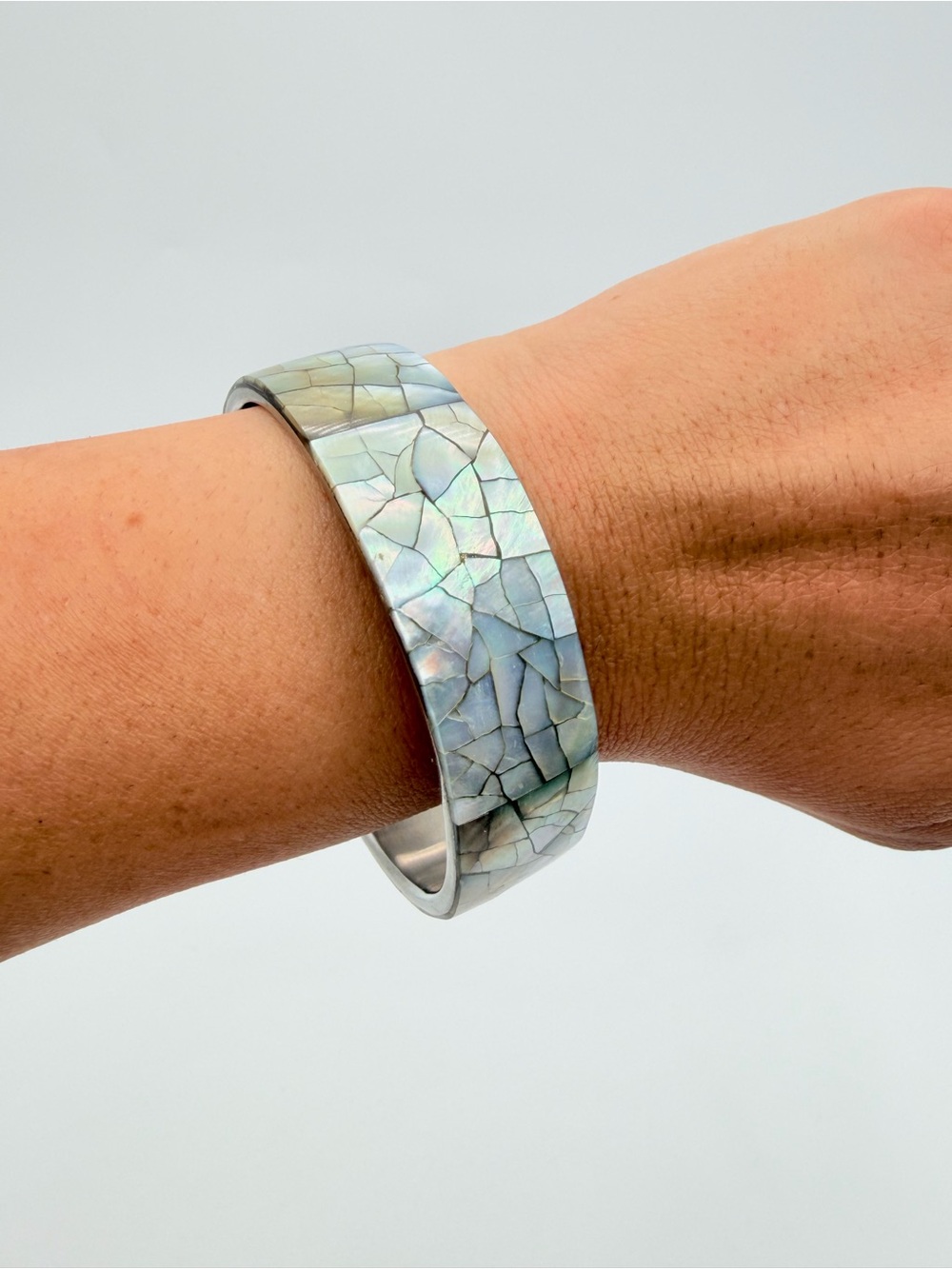 Iridescent Mosaic Wide Cuff Bracelet – Mother of Pearl Look